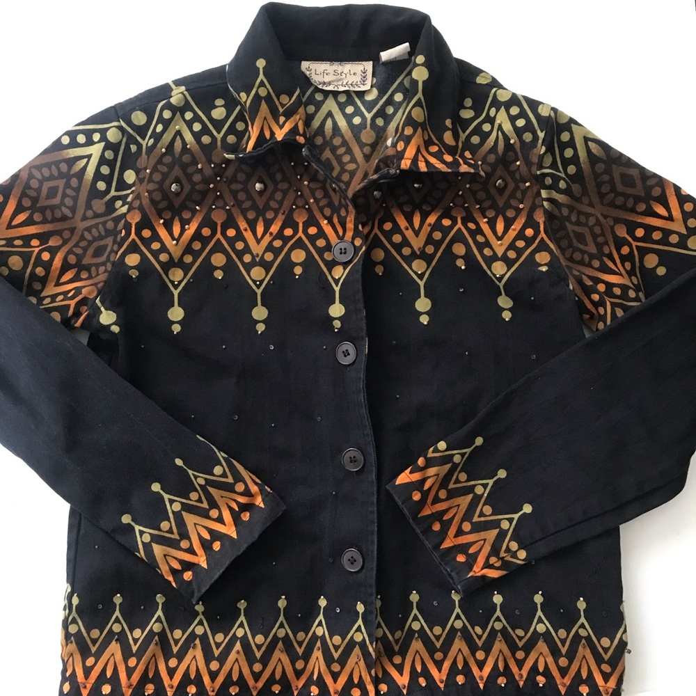 Black Button-Front Jacket with Orange & Olive Geometric Print